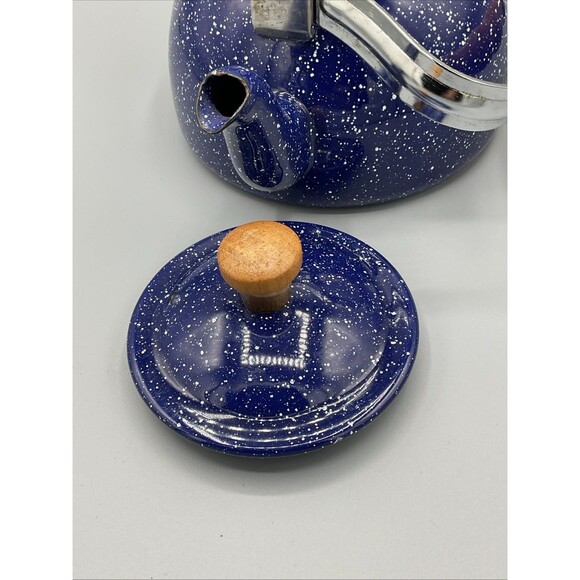 Vintage Blue White Speckled Enamelware Goose Neck Teapot Tea Kettle - Picture 11 of 13